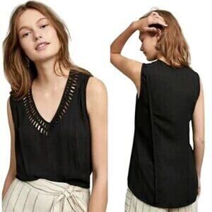Anthropolgie Maeve Black‎ Sleeveless Woven Trim V-Neck Blouse - Size S
